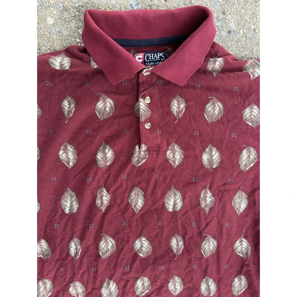 90's Chaps Ralph Lauren Leaf Pattern Polo Long Sleeve Shirt Mens Size L Burgundy